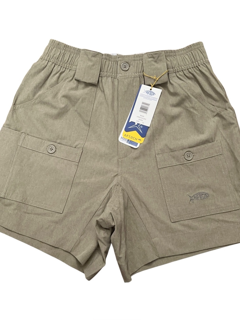 AFTCO Original Fishing Shorts Mens 30 Elastic Waist Cargo Stretch Beige NEW